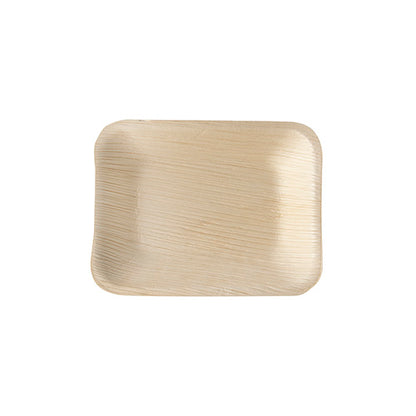 The PAPSTAR 25 trays, palm leaf "pure" square from PAPSTAR GmbH is a rectangular, light brown palm leaf tray with raised edges and a textured surface, depicted from above on a white background.