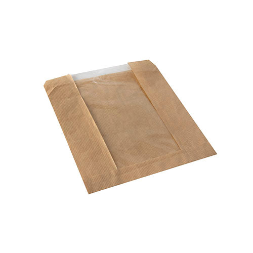 The PAPSTAR 1000 viewing strip bag with PLA window "pure", brown from PAPSTAR GmbH is a biodegradable, flat paper bag with a transparent window for eco-friendly presentation of baked goods; depicted against a white background.