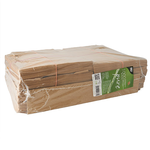 A stack of PAPSTAR 1000 viewing strip bags with PLA window "pure", brown, from PAPSTAR GmbH is bundled with rubber bands, wrapped in foil, and bears a green label for eco-friendly packaging.