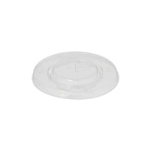 The PAPSTAR Round lid, Ø 9.5 cm, crystal clear, made of biodegradable PLA "pure" with a cross-slot opening measuring PAPSTAR The GmbH is round with a slightly raised center and comes in a pack of 100.