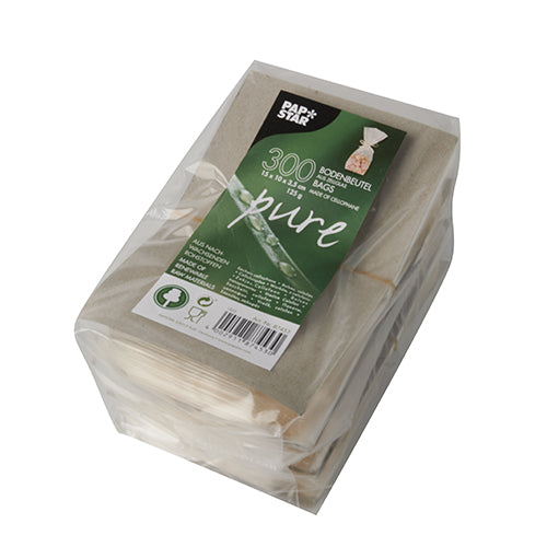 The 300 bottom bags cellophane "pure" transparent from PAPSTAR GmbH are delivered in sustainable packaging with a green label. The brown, biodegradable bags are visible inside – perfect for anyone who values environmentally friendly packaging.