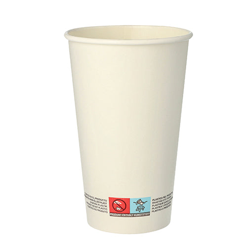 The 50 drinking cups, cardboard 0.4 l from PAPSTAR GmbH is a tall, plain white disposable cup with a rolled rim and multilingual disposal instructions printed on the bottom.