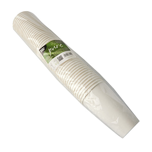 In a sealed plastic package, there is a stack of white PAPSTAR 50 drinking cups, cardboard 0.4 l from PAPSTAR GmbH with a green and white label wrapped around the middle.