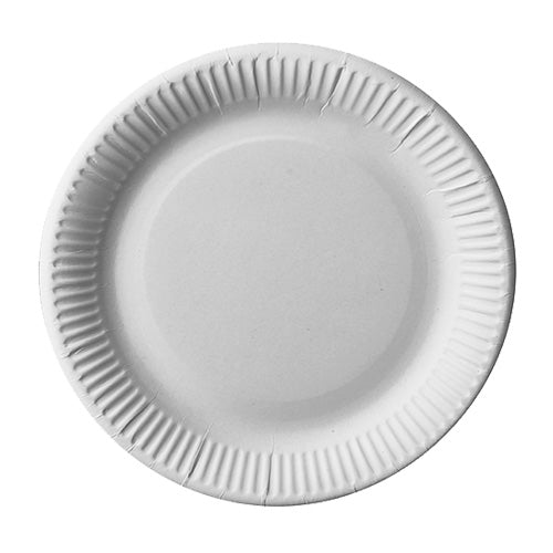 The 12 plates, cardboard "pure" round, white from PAPSTAR GmbH are simple white round plates made of recycled cardboard with a raised, corrugated edge – an environmentally friendly choice for any event.