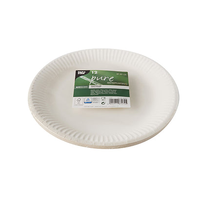A stack of PAPSTAR 12 plates, cardboard "pure" round, white from PAPSTAR GmbH with a green-white label shows the product information for 12 environmentally friendly plates made of recycled cardboard.