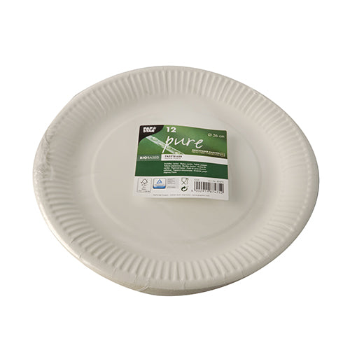 A pack of 12 round white plates from PAPSTAR GmbH "pure" made of recycled cardboard with a green center label and product information. Each plate is stackable and has a slightly raised, ribbed edge.