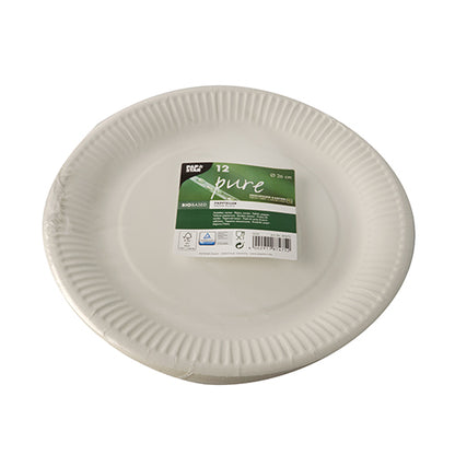 A pack of 12 round white plates from PAPSTAR GmbH "pure" made of recycled cardboard with a green center label and product information. Each plate is stackable and has a slightly raised, ribbed edge.