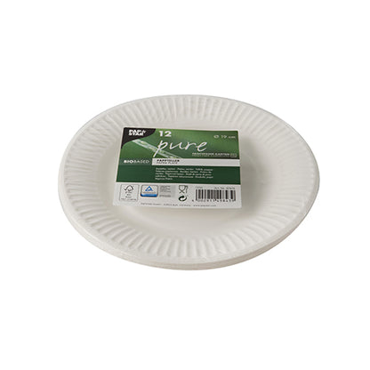 A pack of 12 round white PAPSTAR "pure" plates from PAPSTAR GmbH made of recycled cardboard with a textured edge. These environmentally friendly, bio-based, and compostable plates carry the green "pure" label.