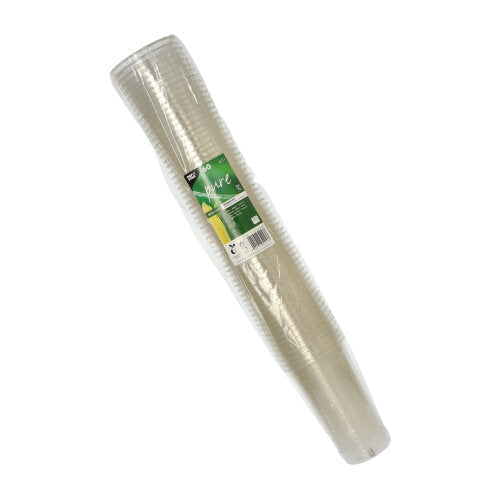 A 60-pack of PAPSTAR cold drink cups PLA "pure", crystal clear (Ø 9.5 cm, 15.14 cm), from PAPSTAR GmbH, biodegradable, stacked and packaged in transparent foil with a green-white label.