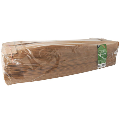 A large stack of PAPSTAR 1000 viewing strip bags with PLA window "pure", brown from PAPSTAR GmbH, packed in an eco-friendly packaging with a green-white label at one end.