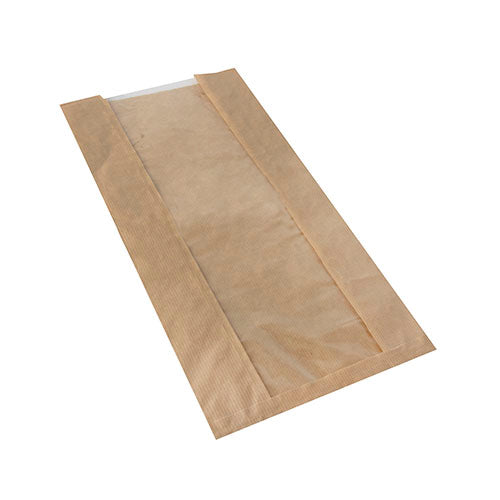 A single PAPSTAR 1000 viewing strip bag with PLA window "pure", brown from PAPSTAR GmbH lies flat on a white background. This eco-friendly, rectangular bag has side gussets, an open top, and a transparent PLA window.