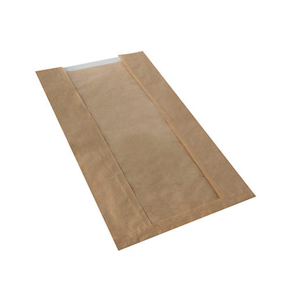 The 1000 viewing strip bag with PLA window "pure", brown from PAPSTAR GmbH is a brown, rectangular paper bag with a vertically centered biodegradable PLA window, lying flat on a white background.