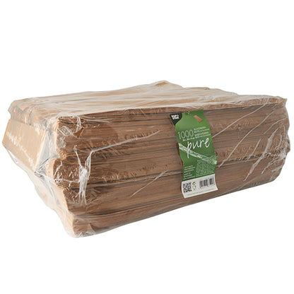 A large stack of PAPSTAR 1000 viewing strip bags with PLA window "pure", brown from PAPSTAR GmbH is packed in clear plastic and placed with a green "1000 pure" tag on a plain white background. The package is biodegradable.