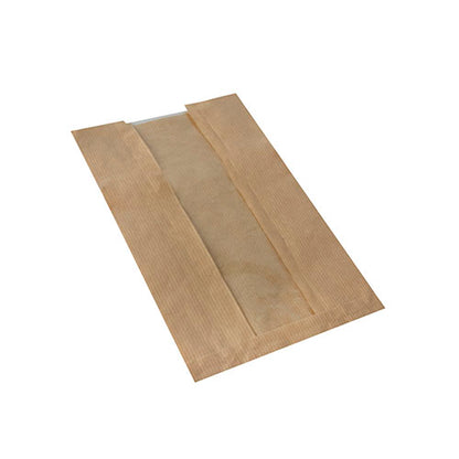 The PAPSTAR 1000 viewing strip bag with PLA window "pure" from PAPSTAR GmbH is a flat, rectangular brown paper bag with a center seam and open end – ideal as eco-friendly packaging for sustainable choices.