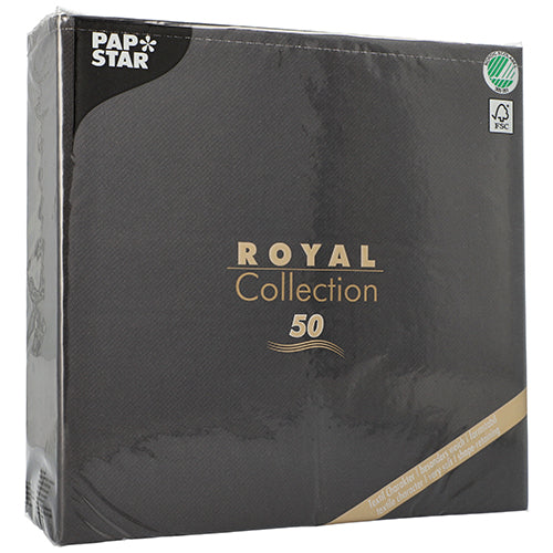 A black package from PAPSTAR GmbH with the inscription "ROYAL Collection 50" (48 x 48 cm, 1/4-fold) shows gold and white text, a green recycling symbol in the upper right corner, and contains 50 high-quality napkins.