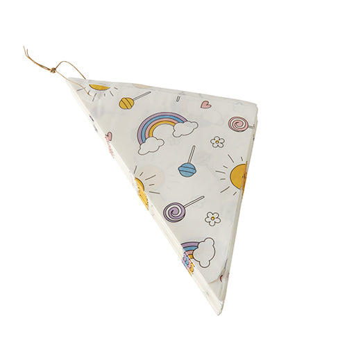 A triangular PAPSTAR 1000 cone bags (parchment substitute, greaseproof) from PAPSTAR GmbH, decorated with rainbows, clouds, suns, planets, and hearts, with a string at one corner.