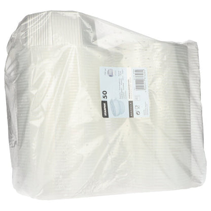 Eine durchsichtige Kunststoffverpackung mit 50 Starpak-Verpackungsbechern mit Klappdeckeln, 8-seitigen transparenten PP-Bechern, verfügt über ein rechteckiges weißes Etikett mit Produktinformationen und einem Barcode.