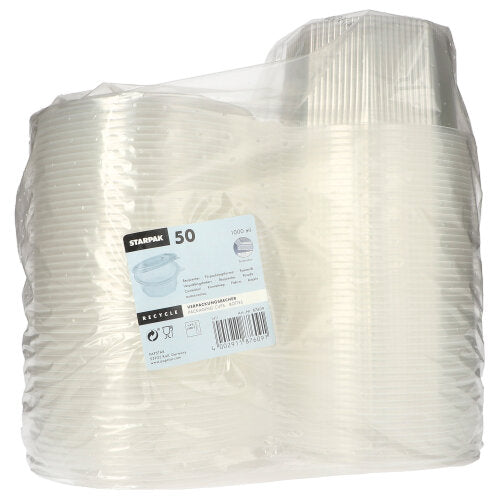 Die Starpak 50 Verpackungsbecher mit Klappdeckeln sind transparente, 8-eckige Einwegbecher aus PP, verpackt in einem durchsichtigen Kunststoffbehälter mit einem Etikett mit detaillierten Produktinformationen, Mengenangaben und Recyclinginformationen.