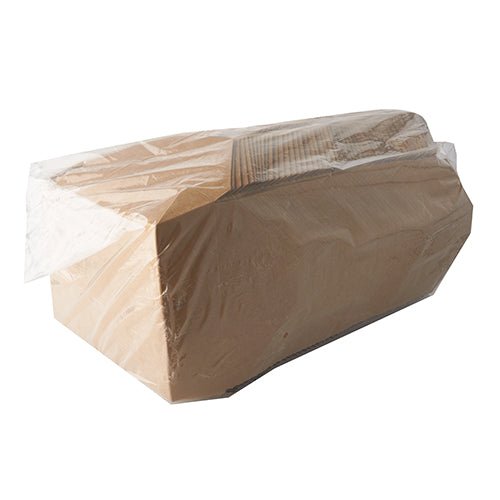 A brown lunch box "pure" made of cardboard by PAPSTAR GmbH, with the open side facing forward, filled with food and made from environmentally friendly materials.
