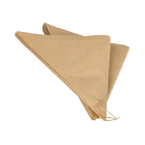 A stack of PAPSTAR 1000 cone bags parchment substitute greaseproof paper bags from PAPSTAR GmbH, each brown and triangular with a cord at one corner, is depicted on a white background.