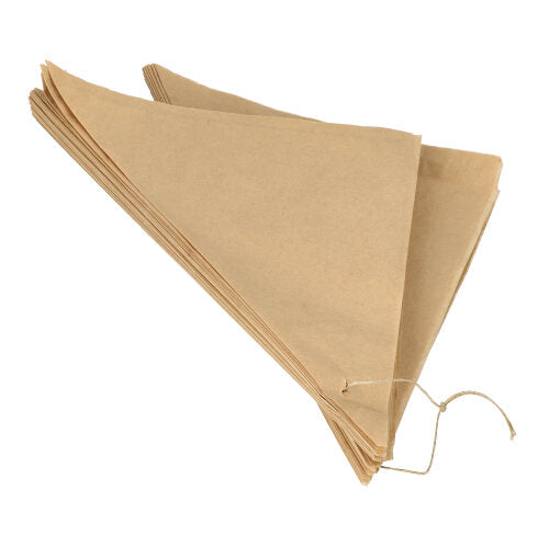 A stack of PAPSTAR 1000 cone bags, parchment substitute, greaseproof paper coffee filters from PAPSTAR GmbH are tied with a string and arranged on a white background.