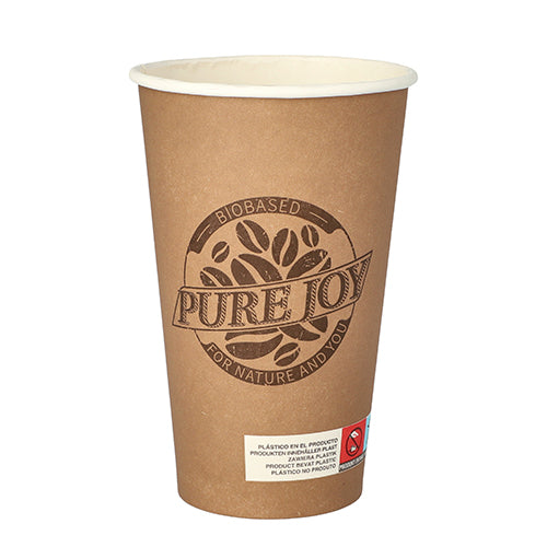 A brown PAPSTAR 20 drinking cup (0.4 l) made of cardboard from PAPSTAR GmbH with "PURE JOY" logo and coffee bean, labeled as biodegradable. Below, a white label with a red warning symbol indicates the environmentally friendly design.