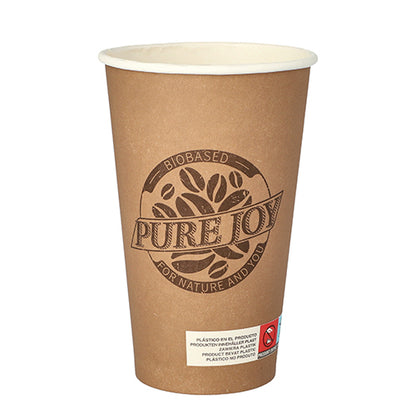 A brown PAPSTAR 20 drinking cup (0.4 l) made of cardboard from PAPSTAR GmbH with "PURE JOY" logo and coffee bean, labeled as biodegradable. Below, a white label with a red warning symbol indicates the environmentally friendly design.