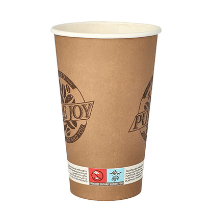 The PAPSTAR 20 drinking cup (0.4 l) made of brown, biodegradable cardboard from PAPSTAR GmbH shows logos and warning symbols, has a white interior, and is presented without a lid against a white background.