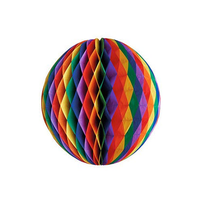 The flame-retardant honeycomb ball from PAPSTAR GmbH is a round honeycomb decor with a diamond pattern in red, orange, yellow, green, blue, and purple on a white background.