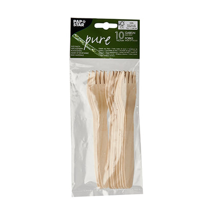 In a transparent plastic packaging, there are ten light brown PAPSTAR 10 forks, wood “pure” from PAPSTAR GmbH made from sustainable wood. The green-white label shows the brand and product name; all forks are neatly stacked.