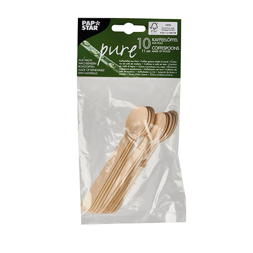 A clear plastic bag contains ten PAPSTAR wooden spoons "pure" (11 cm), ideal for coffee and desserts. Made by PAPSTAR GmbH from renewable raw materials, these environmentally friendly spoons are perfectly suitable as coffee and dessert spoons.