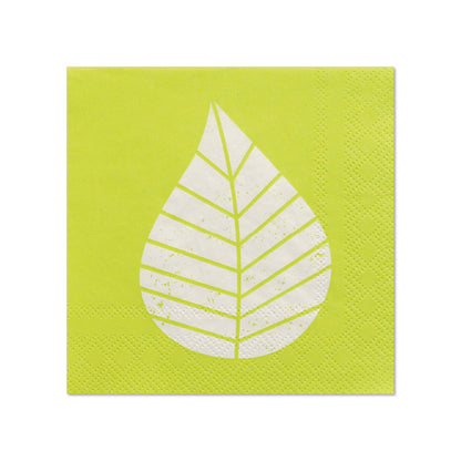The PAPSTAR 20 napkins (25x25 cm, three-ply, 1/4 fold) from PAPSTAR GmbH feature a green design with a bold white stylized leaf in the shape of a water drop - ideal for a unique table decoration.
