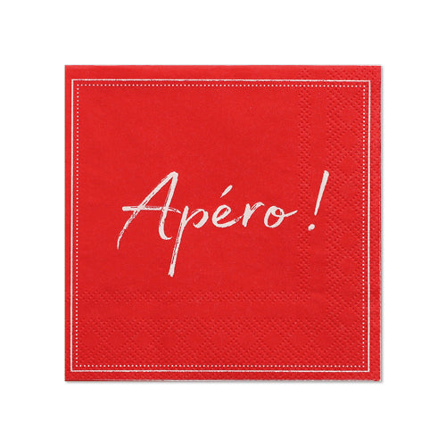 A pack of 20 red three-ply napkins (25 x 25 cm, 1/4 fold) from PAPSTAR GmbH with a white border and "Apéro!" in white cursive in the center.