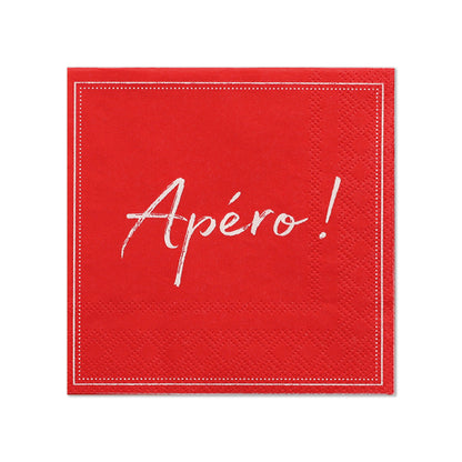 A pack of 20 red three-ply napkins (25 x 25 cm, 1/4 fold) from PAPSTAR GmbH with a white border and "Apéro!" in white cursive in the center.