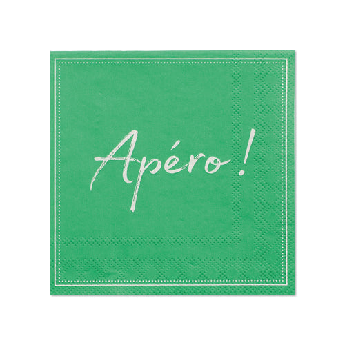 The PAPSTAR 20 napkins (25x25 cm, three-ply, 1/4 fold) from PAPSTAR GmbH present a green design with white stitching and the inscription "Apéro!" - ideal for stylish table decoration at any gathering.