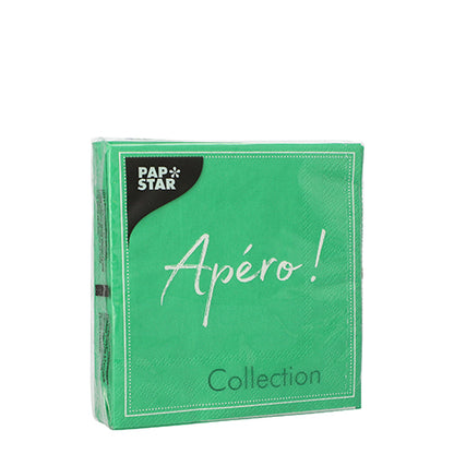 A sealed green pack of 20 PAPSTAR napkins (25x25 cm, three-ply, 1/4 fold) from PAPSTAR GmbH with the inscription "Apéro! Collection" on the front is ideal for table decoration. The photo shows the pack against a white background.