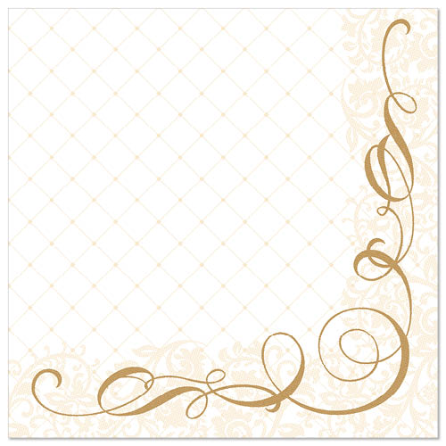 The PAPSTAR GmbH 50 napkins "ROYAL Collection" are white, 40 x 40 cm paper napkins with a subtle diamond pattern and elegant golden floral swirls in the lower right corner.