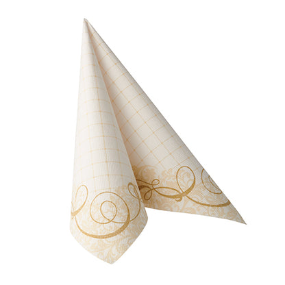 A folded, golden PAPSTAR ROYAL Collection 1/4-fold napkin (40 x 40 cm) from PAPSTAR GmbH stands upright on a white background.