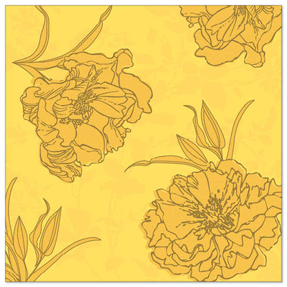 A yellow background with brown-bordered, detailed floral motifs and overlapping leaves, inspired by the 50 "ROYAL Collection" napkins 1/4-fold 40 x 40 cm yellow by PAPSTAR GmbH.