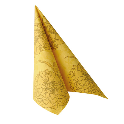 A yellow PAPSTAR GmbH ROYAL Collection napkin (40 x 40 cm, 1/4-fold) is folded into a tall triangle and stands upright on a white background.