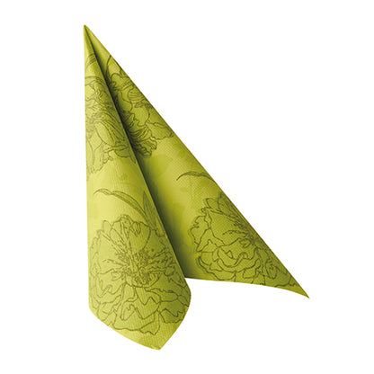 Die grüne PAPSTAR-Serviette "ROYAL Collection" im 50er-Pack (40 x 40 cm, 1/4-Falz) der PAPSTAR GmbH steht aufrecht und spitz zulaufend vor einem unifarbenen, weißen Hintergrund mit schwarzem Blumenmuster.
