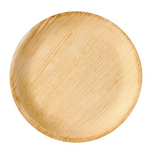 The PAPSTAR 6 plate, palm leaf "pure" round by PAPSTAR GmbH shows natural wood grain and fine lines, is biodegradable and environmentally friendly, and presents itself in light brown from a bird's eye view against a white background.