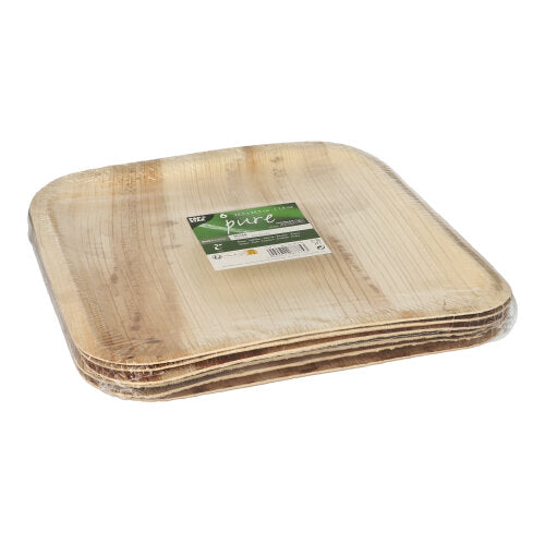 Staca de phlátaí cearnacha PAPSTAR 6, duille pailme "pure" cearnach ón PAPSTAR GmbH, pacáilte i bpacáistiú plaisteach trédhearcach le lipéad glas-bán ar a bharr.