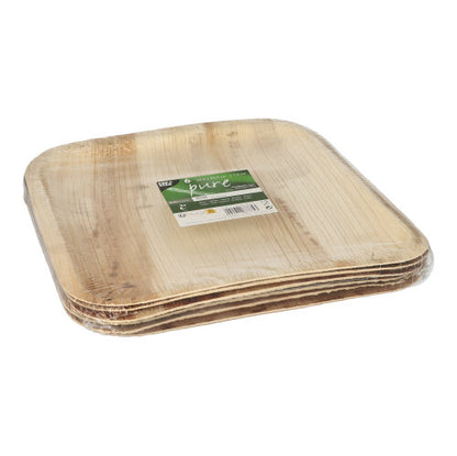 Staca de phlátaí cearnacha PAPSTAR 6, duille pailme "pure" cearnach ón PAPSTAR GmbH, pacáilte i bpacáistiú plaisteach trédhearcach le lipéad glas-bán ar a bharr.