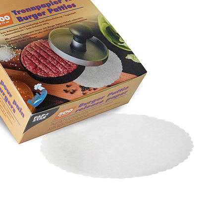 A box labeled "PAPSTAR Separator papers for burger patties, Ø 13 cm, white | folding box (500 pieces)" by PAPSTAR GmbH contains round parchment sheets for separating burger patties. A parchment circle is depicted on the front of the box.