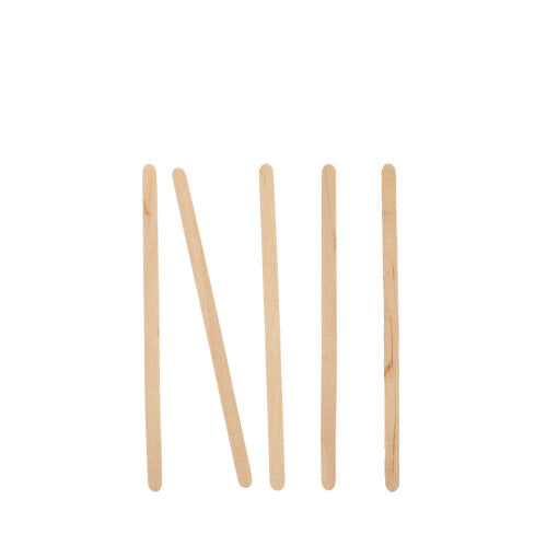 Five PAPSTAR wooden stir sticks "pure" (11 cm) from PAPSTAR GmbH, environmentally friendly and stable, are arranged vertically on a white background, with the second stick tilted to the left; a simple display of sustainable wooden stir sticks. Folding box with 1000 pieces.