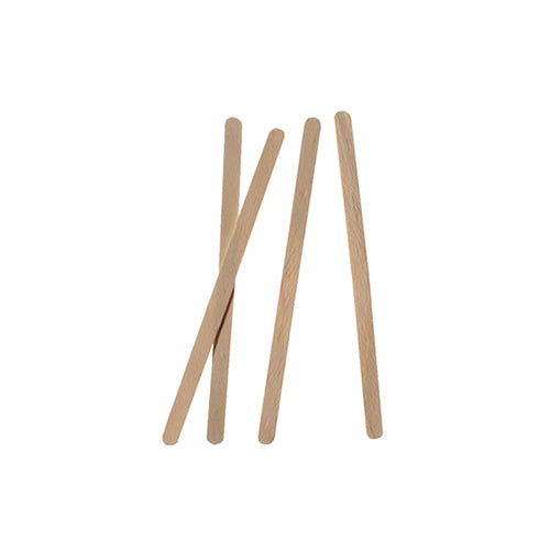 Five PAPSTAR wooden stir sticks "pure" 11 cm (PAPSTAR GmbH), environmentally friendly and stable, lie on a white background, some overlapping, some arranged with space between them.