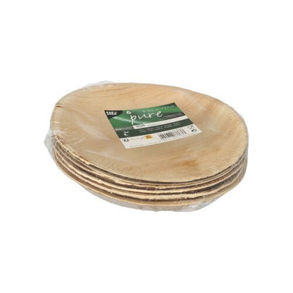 A stack of round PAPSTAR 6 plates palm leaf "pure" by PAPSTAR GmbH, light brown in natural wood look, packaged in a plastic packaging with product label - ideal as environmentally friendly tableware for any occasion.