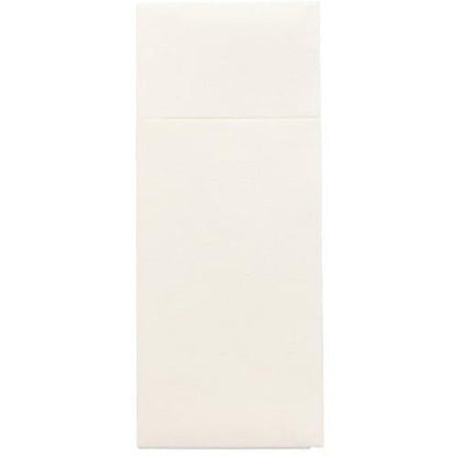 The Starpak 100 cutlery pouches, Airlaid 40 cm x 33 cm with cutlery fold, feature a smooth, cream-colored rectangular design with a horizontal seam and are therefore ideal for use in restaurants.