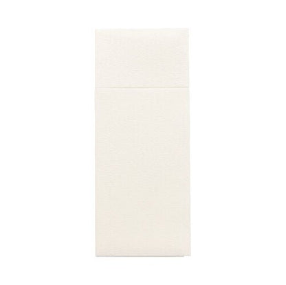 The image shows a rectangular, cream-colored Starpak 100 cutlery pouch envelope made of durable Airlaid material (40 x 33 cm) with cutlery fold – ideal for use in the hospitality industry due to its elegant appearance.